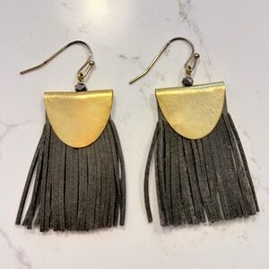 Gold and Gray Fringe Suede Tassel Earrings
